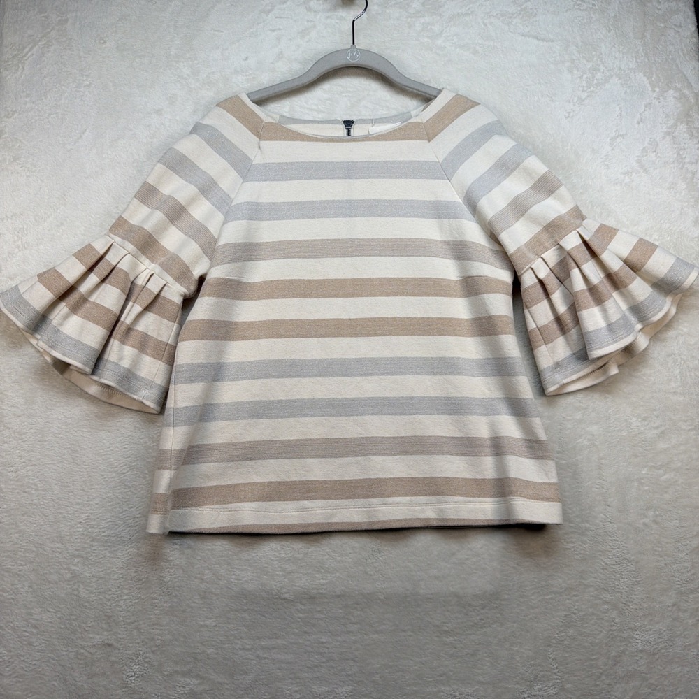 Anthropologie Maeve Ruffle Sleeve Top Womens M Beige Striped Bell Sleeve